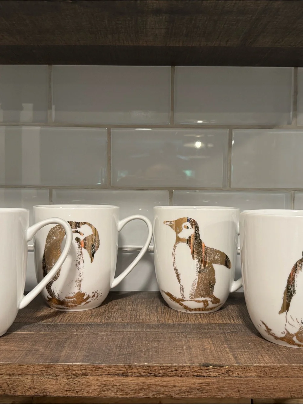 Pier 1 Gold Penguin Print on White Porcelain Coffee Mug - Set of 4